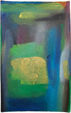 Keisho Okayama, painting, Gold Over Green,</em> acrylic on canvas, 57 x 35-1/2 inches, 2015