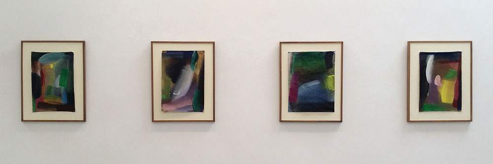 installation views of FIG show, showing Distant Yellow, Black Edge, White Arc and Floating Pink Mark